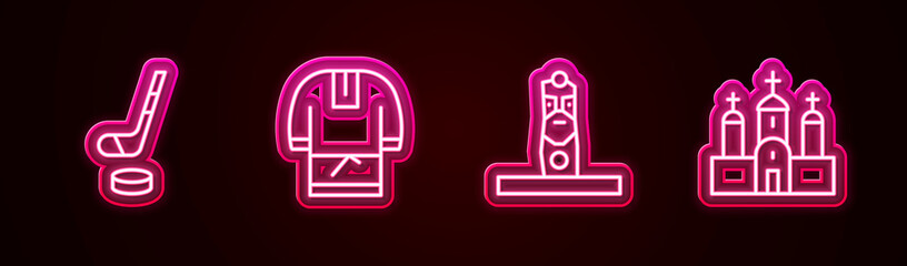 Poster - Set line Ice hockey stick and puck, Kosovorotka, Slavic pagan idol and Church building. Glowing neon icon. Vector