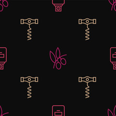 Sticker - Set line Perfume, Wine corkscrew and Olives branch on seamless pattern. Vector