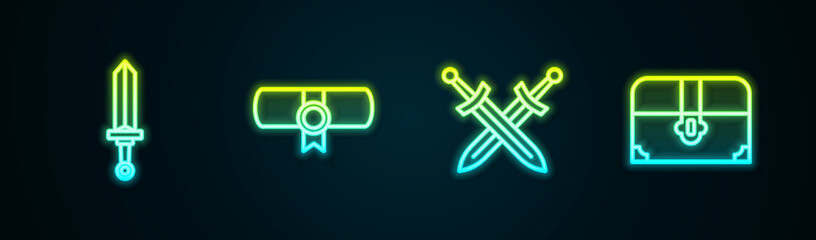 Sticker - Set line Medieval sword, Decree, parchment, scroll, Crossed medieval and Antique treasure chest. Glowing neon icon. Vector