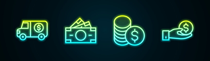 Canvas Print - Set line Armored truck, Stacks paper money cash, Coin with dollar and Hand giving. Glowing neon icon. Vector