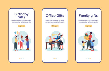 Wall Mural - gifts for any occasion onboarding mobile app screen flat vector template. walkthrough website 3 step