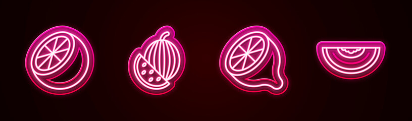 Poster - Set line Orange fruit, Watermelon, Lemon and Melon. Glowing neon icon. Vector