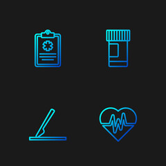 Sticker - Set line Heart rate, Medical surgery scalpel, Clinical record and Medicine bottle and pills. Gradient color icons. Vector