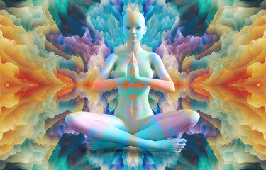 Wall Mural - Silhouette of a girl in Lotus position on the background of the mandala. A state of trance and deep meditation. A spiritual journey in the universe. 3d illustration. 