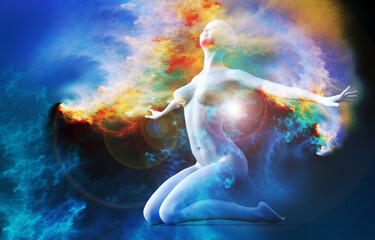 Wall Mural - Dancing woman against the background of the universe. 3D illustration. A spiritual journey in the universe.