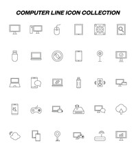 Сomputer Technology Concept. Line Icon Set Icluding Computer, Laptop, Pc, Mouse, Router, Tablet, Speaker, Flash Card, Cd, Web Camera, Mobile Phone, Joystick Etc
