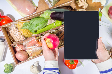 Wall Mural - Meal Kit Delivery Concept. Set various healthy dishes food ingredients meat, vegetables, fruit, spices with recipes for cooking. Online ordering of restaurant chef foods ingredients, grocery delivery,