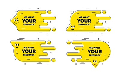 Wall Mural - We want your feedback symbol. Cartoon face transition chat bubble. Survey or customer opinion sign. Client comment. Your feedback pattern message. Character chat bubble. Vector