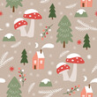  Seamless xmas pattern with fir branches, trees and amanita mushrooms