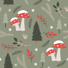 Seamless Xmas Pattern With Fir Branches, Trees And Amanita Mushrooms