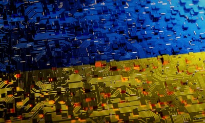 Wall Mural - Technology background with national flag of Ukraine. 3D rendering