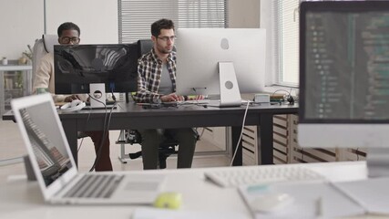 Wall Mural - stab shot of two young multi-ethnic male programmers having conversation while working on computers 