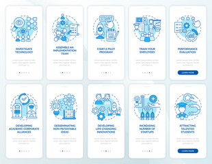 Technology dissemination onboarding mobile app page screen. Sharing knowledge walkthrough 5 steps graphic instructions with concepts. UI, UX, GUI vector template with linear color illustrations