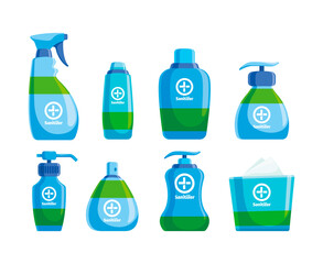 Sticker - Sanitizer bottles. Hygienic products bottles disinfect products hands wiping packaging clear spray garish vector pictures collections of sanitizer