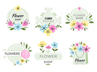 Sticker - flowers shop logo. botanical vintage decoration bouquet with rose buds and leaves designs for weddin