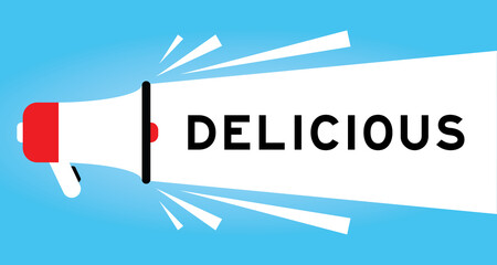 Sticker - Color megphone icon with word delicious in white banner on blue background