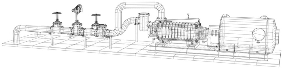 Wall Mural - Wire-frame line pumping unit isolated on white. Vector rendering of 3d.