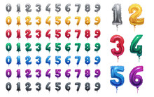 Colorful Number Foil And Latex, Helium Balloons From 0 To 9. Vector Party, Birthday, Celebrate Anniversary And Wedding Decoration. Realistic Design Elements. Festive Set, Figure Font Or Alphabet