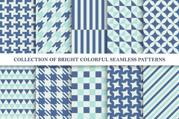 Collection of blue seamless colorful geometric patterns. Vector endless textile backgrounds. Can be used as wrapping paper, covers, wallpaper and etc