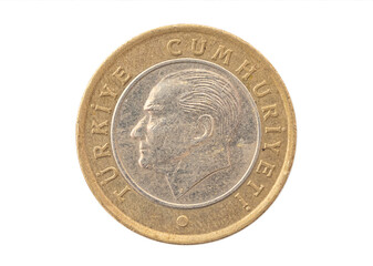 Turkish lira, scratched iron coin isolated on white. turkish money with Kemal Ataturk portrait.