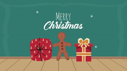 Sticker - merry christmas lettering with cookie and gifts animation