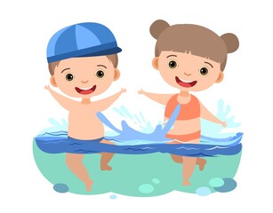 Girl and boy are having fun and splashing in water. Swimming, diving and water sports. Pool or beach. Isolated on white background. Illustration in cartoon style. Flat design. Vector art