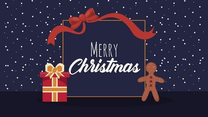 Sticker - merry christmas lettering with bow in square frame animation