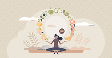 Mindful Eating And Daily Diet With Harmony And Balance Tiny Person Concept. Complete Full Menu With Healthy Vegetables And Fruits For Body Balance And Fit Vector Illustration. Mind Wellness Lifestyle.