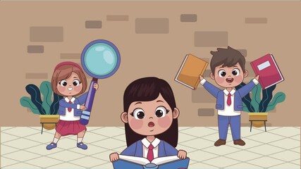 Sticker - three students kids characters animation