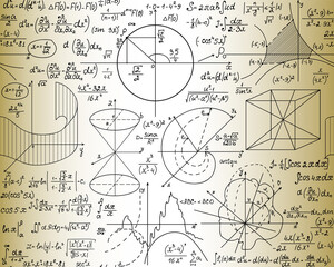 Wall Mural - mathematical manunuscripts and technical drawings on the old paper, scientific vector seamless patte