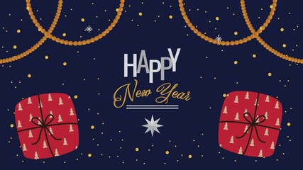 Poster - happy new year lettering with red gifts and garlands