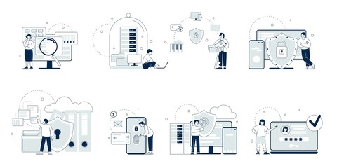 Cyber security concept. Secure working, privacy politics industry. Data protection, no computer hacking. Finance and database saving, recent vector scenes