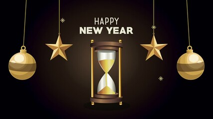 Poster - happy new year lettering animation with golden hourglass and balls