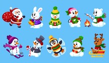 Cute Cartoon Christmas Characters. Snowmen Collection, Santa Claus And Penguin. Skiing Snowman, Happy New Year Animals. Merry Xmas Garish Vector Set