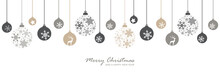 Merry Christmas Banner With Hanging Ball Decoratoin On White Background