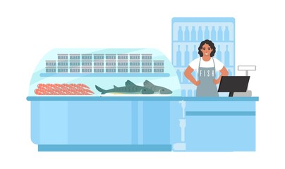 Fish store, market. Supermarket, grocery store seafood section, department. Fishmonger shop, vector illustration.