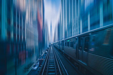 Wall Mural - Futuristic scene Motion blur movement between elevated train line over the railroad tracks with building at the Loop line at Chicago, Illinois, USA, innovation and technology concept