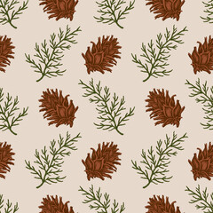 Sticker - Seamless pattern with green cypress branch and pine cone