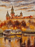 Watercolor painting of Wawel castle famous landmark in Krakow Poland at autumn evening.