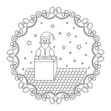 Christmas Mandala. Santa Claus Coming Out Of The Fireplace And Garland Of Angels. Christmas Coloring Page. Black And White. Vector Illustration.