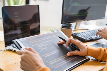 Wall Mural - programmer working in a software development and coding technologies. website design.technology conc