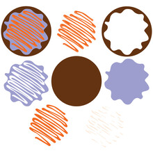 Dark Chocolate Brown Round Circular Doughnut With Lilac Purple Iced Frosting And Orange Piped Icing Sauce Drizzle. Grouped Vector And Separated SVG Layers, Suitable As Cut File