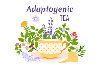 Adaptogen tea concept. Set of ayurvedic herbs and cup. Flat vector