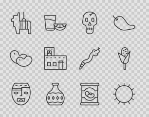 Poster - Set line Aztec mask, Sun, Skull, Tequila bottle, Pinata, Mexican house, Beans and Corn icon. Vector