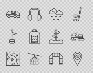 Sticker - Set line Route location, Location with mountain, Cloud snow, Cable car, Ice resurfacer, Christmas sweater, Winter scarf and Snowmobile icon. Vector