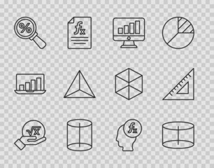 Set line Square root of x glyph, Geometric figure Cylinder, Computer monitor with graph chart, Magnifying glass percent, Tetrahedron, Function mathematical symbol and Triangular ruler icon. Vector