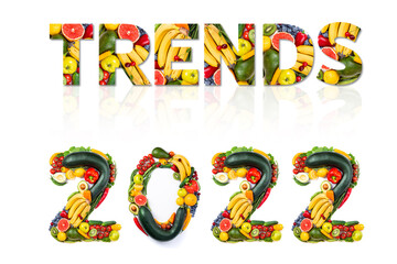 Wall Mural - 2022 trends made of vegetables and fruits on white background. Number 2022 made of healthy food. 2022 new year resolutions, trends, clean eating, healthy food, dieting, vegetarian concept