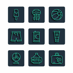 Poster - Set line Electric fan, Signboard with text Hotel, Suitcase, Beach ball, Soda can, Swimming trunks, Ice cream and Sunscreen tube icon. Vector