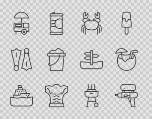 Sticker - Set line Cruise ship, Water gun, Crab, Bodybuilder muscle, Fast street food cart, Sand in bucket, Barbecue grill and Coconut cocktail icon. Vector