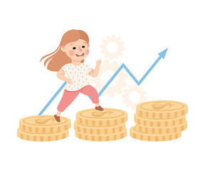 Canvas Print - Little Girl Jumping Up Coin Stack Engaged in Economic Education and Financial Literacy Learning Saving and Investing Money Vector Illustration